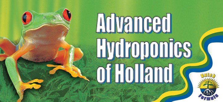 Advanced Hydroponics of Holland Logo mit Frosch und Dutch Formula Symbol.