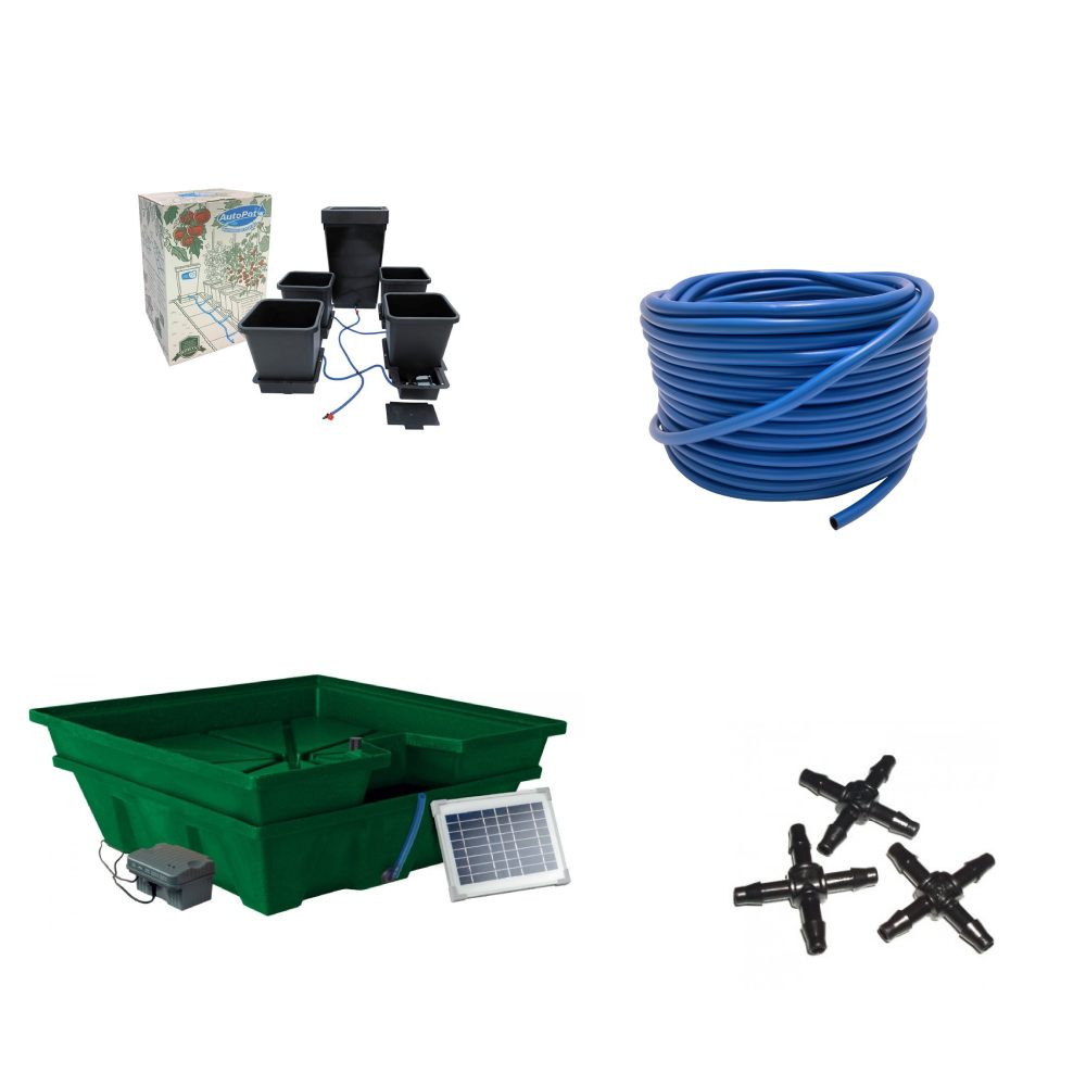 Sortiment zum teil- und vollautomatisierten Bewässerungssystem für die Cannabis-Pflanzenzucht.