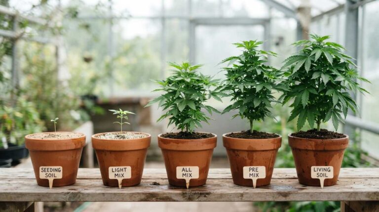 Verschiedene Cannabis Erden, zu verschiedenen Wachstumsphasen visualisiert.