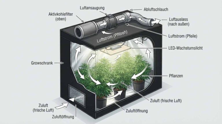 Luftkreislauf bei einer Growbox-Belüftung visualisiert.