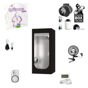 Growbox Komplettset bestehend aus: Growbox, Beleuchtungs-LED, mechanischem Timer, mechanischer Schaltuhr, Thermo- und Hygrometer mit Fühler, Ventilator, Hänger und Belüpftungssystem.