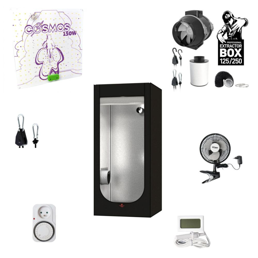 Growbox Komplettset bestehend aus: Growbox, Beleuchtungs-LED, mechanischem Timer, mechanischer Schaltuhr, Thermo- und Hygrometer mit Fühler, Ventilator, Hänger und Belüpftungssystem.